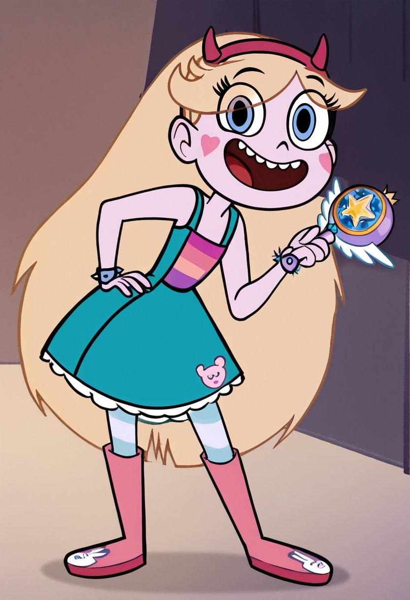 <lora:StarButterfly2.0:1> starbutterfly, 1girl, blonde hair, horned headwear, solo, pantyhose, long hair, teeth, blue eyes, green dress, facial mark, smile, open mouth, very long hair, spiked bracelet, holding wand, holding, full body, eyes visible through hair, score_9, score_8_up, score_7_up, score_6_up, score_5_up, score_4_up, looking at viewer, hand on own hip, cowboy shot,