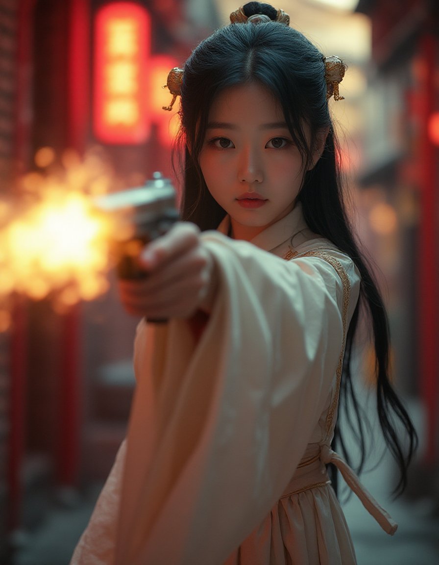 super elegant,A hyper-realistic photograph of an incredibly beautiful and cute 18-year-old Chinese girl standing confidently in a vibrant urban alley. She wears an exquisitely detailed,traditional Hanfu,classical beauty. The Hanfu subtly reveals a natural,realistic cleavage,adding a touch of feminine allure to her appearance. Her large,expressive eyes convey a perfect balance of innocence and determination as she aims a sleek,modern handgun directly at the viewer,her finger squeezing the trigger with precision. The image captures the exact moment as bright,realistic flashes of muzzle fire burst from the barrel,accompanied by detailed,swirling smoke. Her long,silky black hair flows naturally,adorned with traditional hairpins that complement her Hanfu. The entire scene is bathed in the soft,realistic glow of neon signs,reflecting off her smooth,lifelike skin with perfect texture and shading. Every detail,from the fabric of her Hanfu to the expression on her face,is rendered with true-to-life precision,ensuring the final image looks indistinguishable from a high-quality photograph.,cure beauty,(Charming Face:1.2),shaded_face,