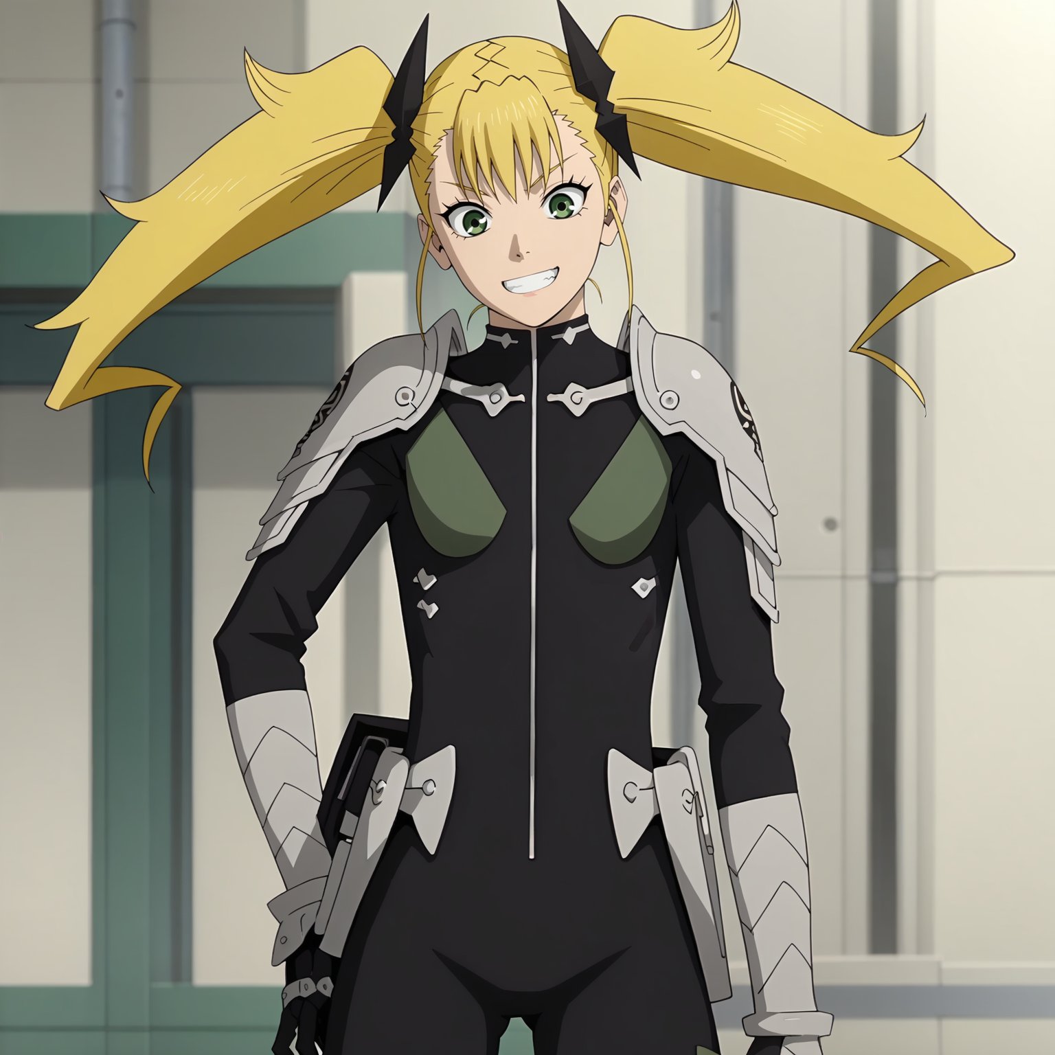 <lora:KikoruShinomiyaXLpony002>,grin,looking down,solo,KikoruShinomiya,1girl,blonde hair,twintails,green eyes,black bodysuit,shoulder armor,gauntlets,standing,