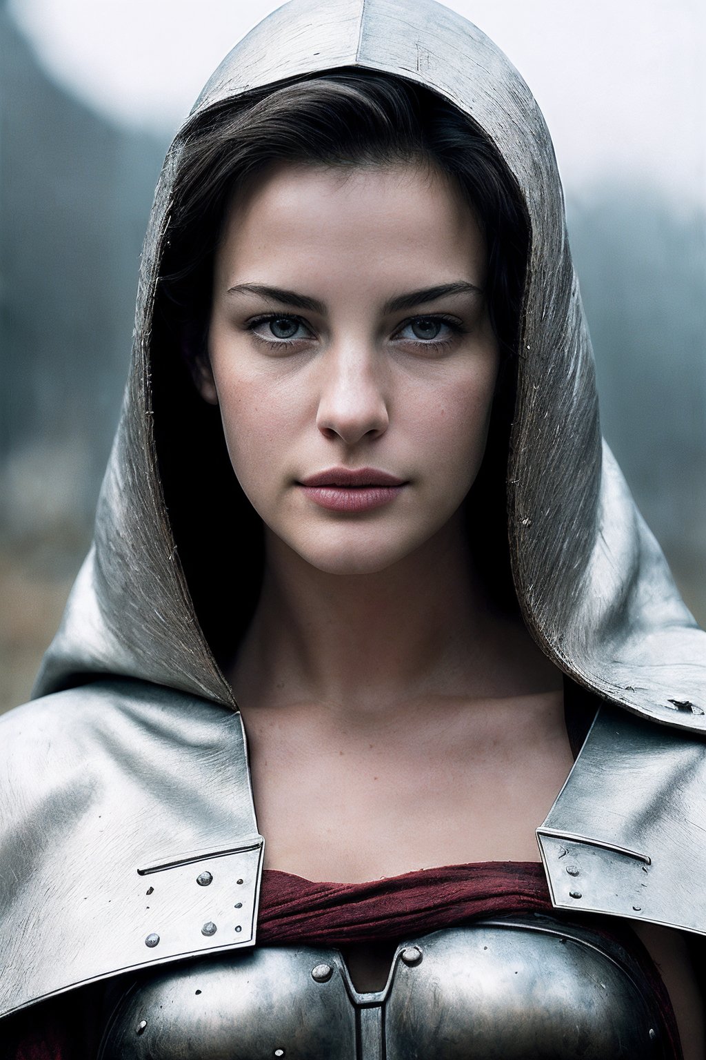 LivT_SoloTI_v1,  (In a battle-worn suit of silver armor,  with a tattered red cloak draped over her shoulders by Solo on T...