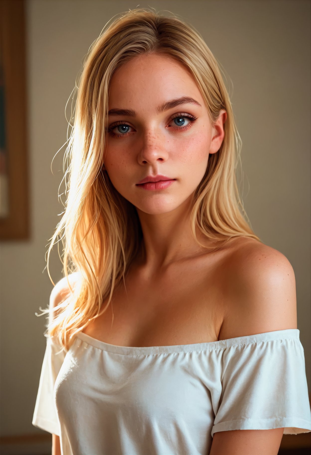 (score_9, score_8_up:1.1), score_7_up1girl, (18-years-old), innocent and alluring, long hair, alternative vibe, beautiful eyes, freckles, medium breasts, (open mouth:0.6), subtle cleavage, tight body, slutty, candid picture, (cozy bedroom), off-shoulder shirt, dynamic angle, vibrant lighting, high contrast, dramatic shadows