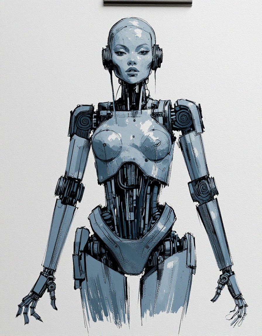 z_ashley_wood,  A cyborg woman with mechanical limbs,  connecting wires by inknoir on Tensor.Art