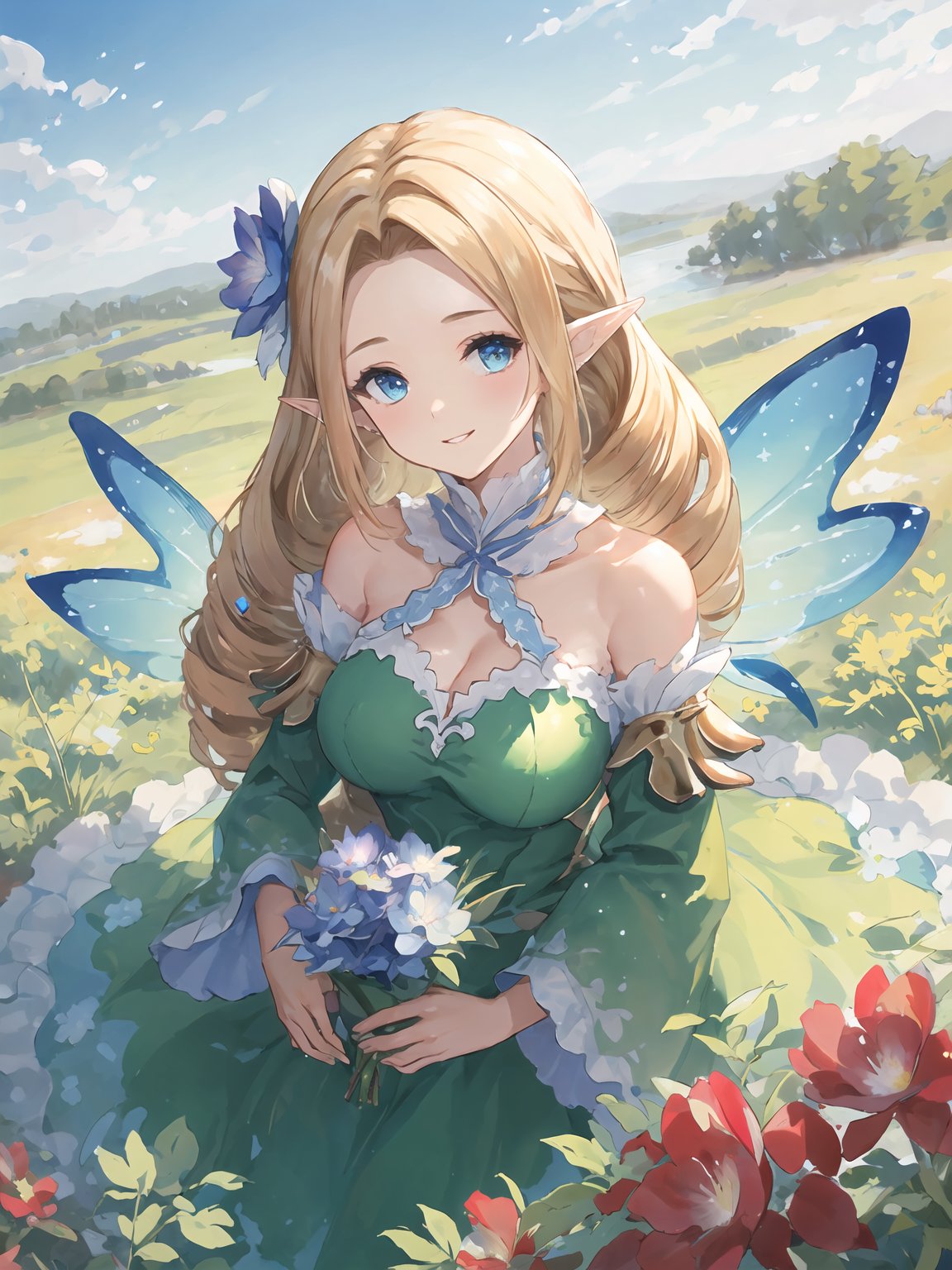 masterpiece,best quality,highres,cinematic lighting,dramatic angle,1girl,blonde hair,drill hair, green dress,parted bangs,cleavage,looking at viewer,pointy ears,blue eyes,bare shoulders,wings,frills,holding a bunch of flowers,presenting a bunch of flowers to viewer,parted lips,petal,grass,blue sky,smile,<lora:ShadowverseBrilliantFairyV1-000021:0.8:lbw=1,0.1,0.1,0.1,0.8,0.8,0.1,0.1,0.1,1,1,1,1,1,1,1,1>,detached collar,hair flower,from above,depth of field,detached sleeves,straight-on,head tilt,pov,close-up,wisp,fairy