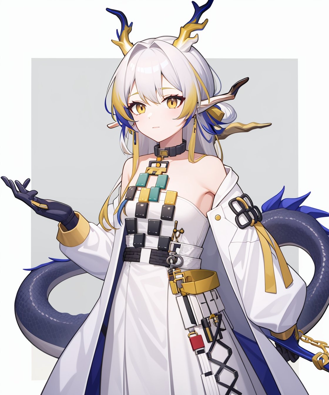 <lora:方舟黍:1:lbw=char>,1girl,shu(/arknights),horns,high quality,long sleeves,white dress,yello gloves,white coat,dragon tail,tail,jewelry,solo,, (masterpiece,best quality:1.2),absurdres, high quality,