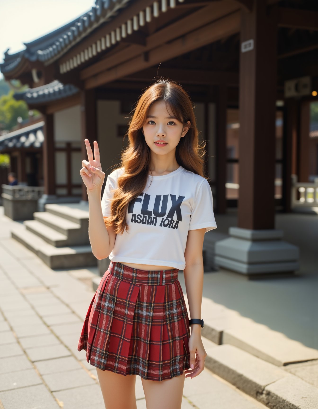 A photograph of an incredibly beautiful 18-year-old girl with long, stylish gradient brown hair, standing confidently at a street during daylight. She is wearing a shirt painted "FLUX ASIAN LORA" in boldly large, readable lettering, making the message stand out clearly. Her hand posing V symbol to viewer. Her outfit includes a red plaid pleated mini skirt that adds a touch of youthful energy and vibrancy to her look, complementing the serene and historic backdrop of the temple. The natural light highlights her confident posture and elegant features, while the traditional architecture of the temple, with its wooden beams and intricate design, contrasts beautifully with her modern, stylish appearance. The atmosphere is serene, with the warm sunlight casting soft shadows and enhancing the overall balance between youthfulness and cultural heritage in the composition, <lora:hinaFluxAsianMixLora_v2-rev4:0.9>