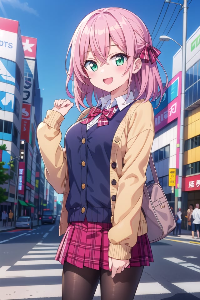 insanely detailed, absurdres, ultra-highres, ultra-detailed, best quality,1girl, solo, nice hands, perfect handsBREAK(School Uniforms:1.2), (pink cardigan is fit body:1.4), ((do up a buttons, not loose):1.5), ((long sleeve, sleeves past wrists):1.2), (inner wear is white collared-shirt:1.3), (red plaid-pattern bow:1.3), (red plaid-pattern pleated skirt:1.3), ((dark-brown pantyhose, loafers):1.2), (nsfw:-1.5)BREAKhappy smile, laugh, open mouthBREAK,standing, cowboy shot, looking at viewerBREAKslender, kawaii, perfect symmetrical face, ultra cute girl, ultra cute face, ultra detailed eyes, ultra detailed hair, ultra cute, ultra beautifulBREAKshibuya, akihabara, tokyo, street, crowd, cityscape, depth of field, ultra detailed backgroundBREAKmedium breastsBREAKred hair, green eyes, long hair, hair between eyes