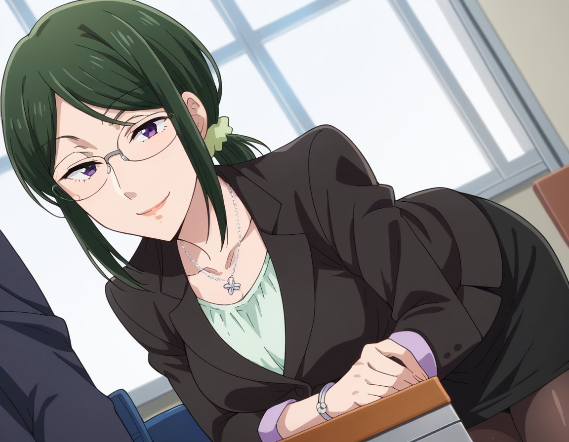 score_9, score_8_up, score_7_up, source_anime,hanakokoyanagi, <lora:hanako-koyanagi-s1-ponyxl-lora-nochekaiser:1>,hanako koyanagi, green hair, low ponytail, purple eyes, glasses,skirt, pantyhose, necklace, formal, suit, pencil skirt, skirt suit,indoors, office, bent over, smile,looking at viewer, dutch angle, cowboy shot,