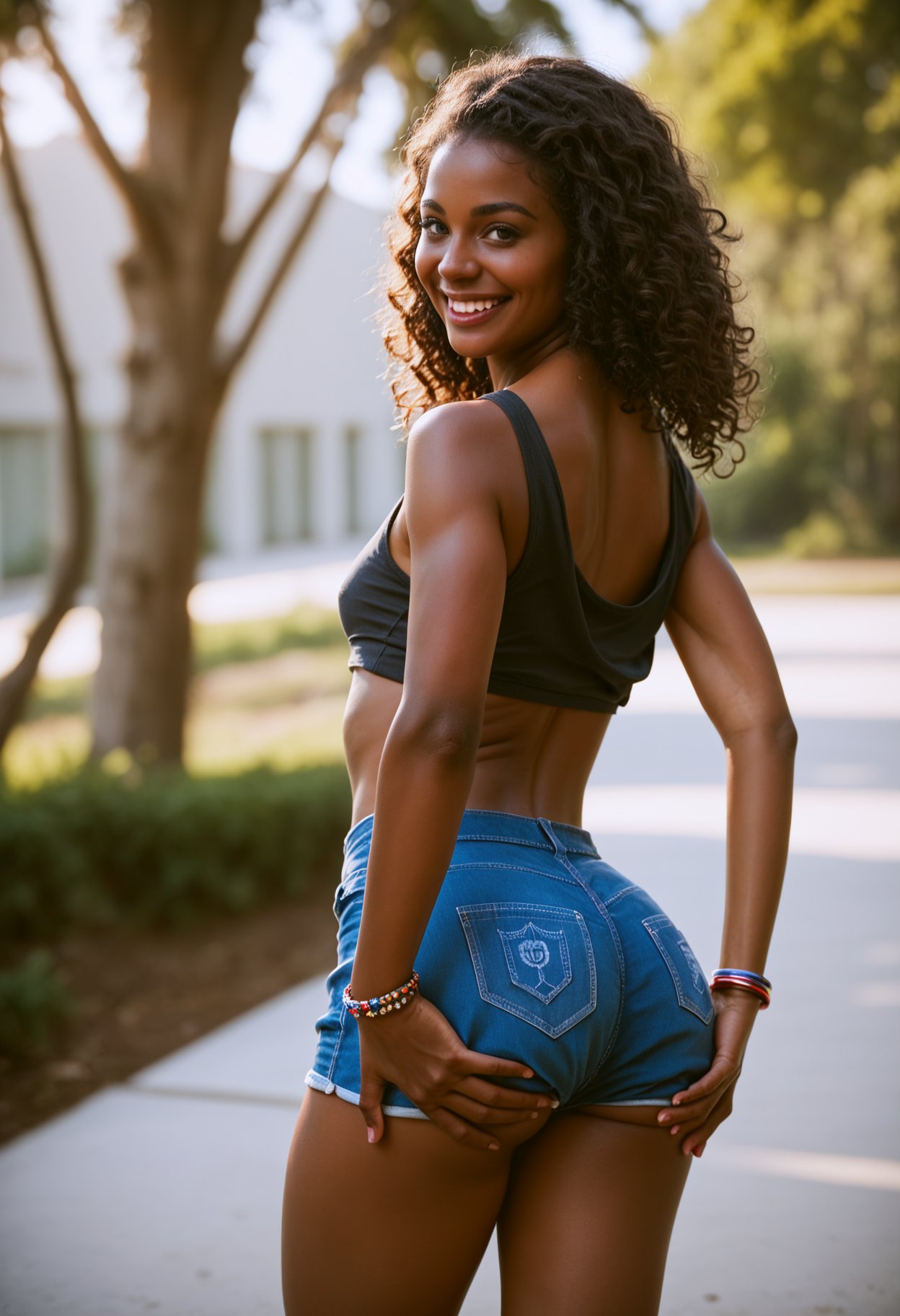 score_9, score_8_up, score_7_up, masterpiece, source_photo, (realistic:1.4) gorgeous young African-American woman, (fit body), grabbing her ass, curly black hair, smile, happy, shorts in cotton, from behind, large ass, bracelet, cropped torso, under dramatic edge lighting, triangular composition