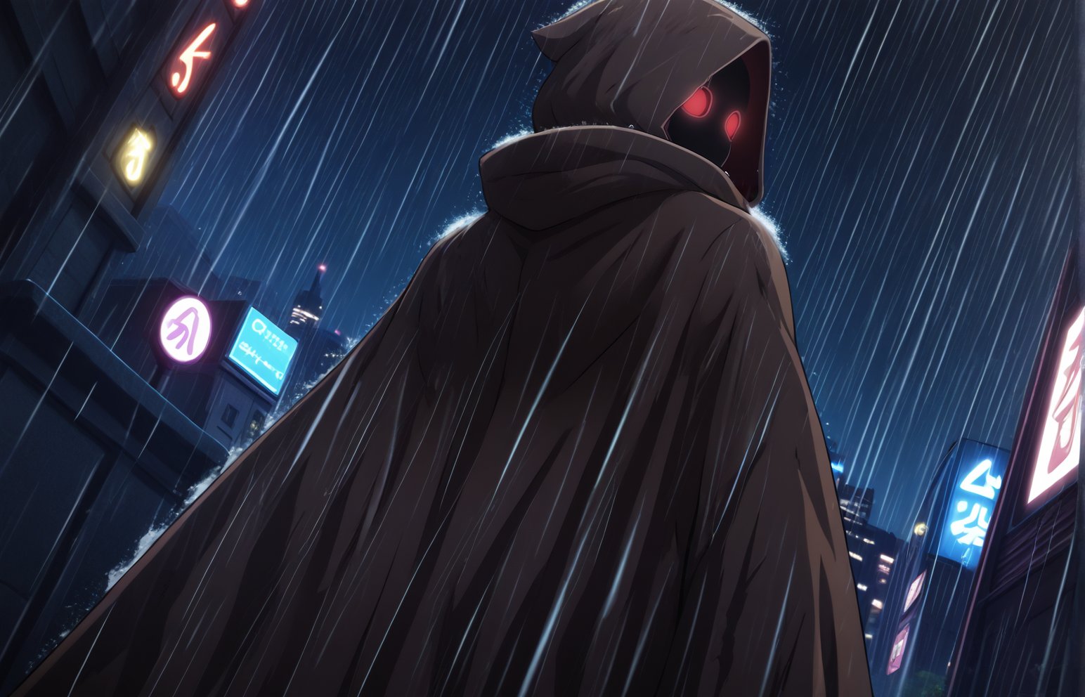 score_7_up, BREAK source_anime, from behind, looking back, dutch angle, anime background, city, rainy and moody, cinematic lighting, trending on pixiv, 4k, focused, extreme details, cinematic, high resolution, detailed, (black long cloak:1.4), (torn clothes, torn cloak) red eyes, invisible face, hood up, shaded face, (no humans)