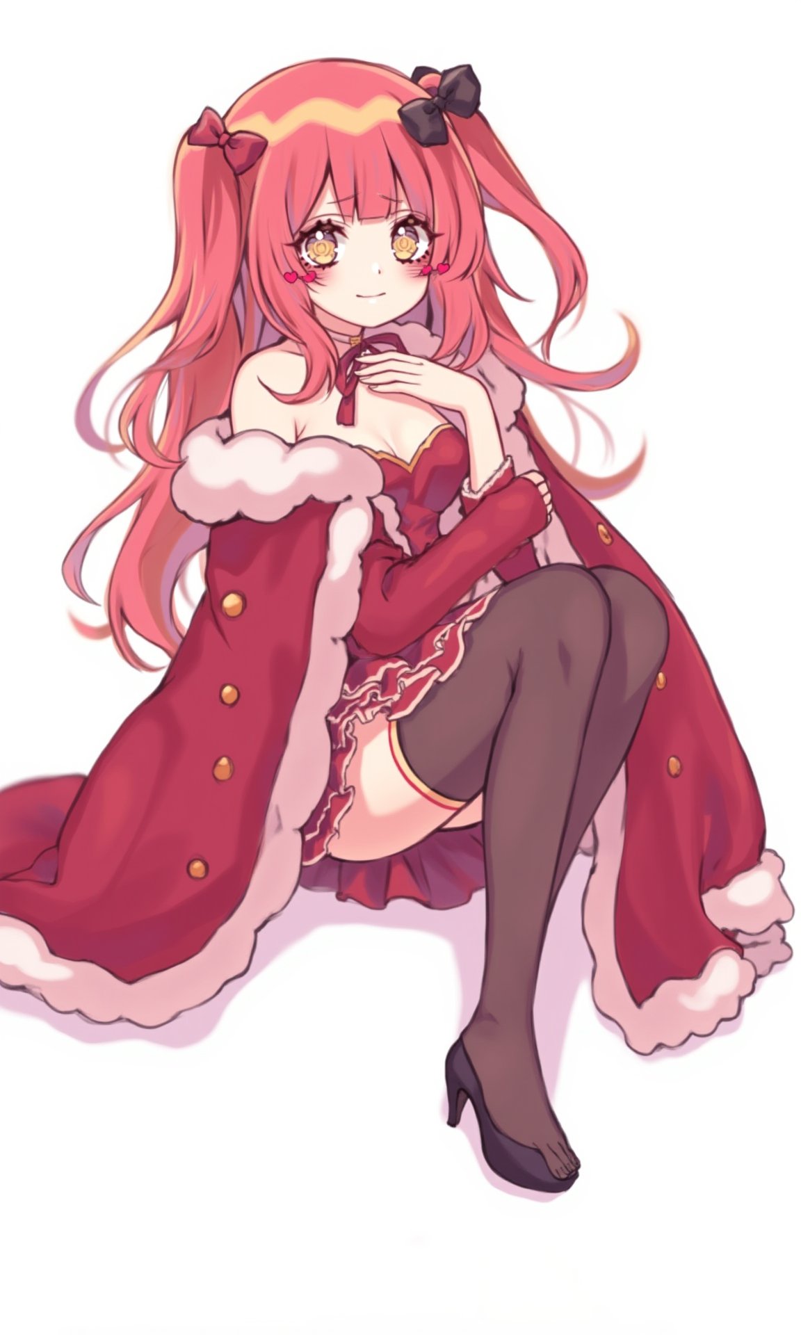 1girl,    blush, short dress, frilled thighhighs, red dress, fur cape, knees together feet apart, strapless dress, shoes, white pupils, blunt bangs, head tilt, bare shoulders, straight hair, petticoat, looking at viewer, red cape, red ribbon, black thighhighs, very long hair, dress, strapless, light blush, closed mouth, simple background, hair tie, sidelocks, zettai ryouiki, medium breasts, breasts, two-tone legwear, thighhighs, skirt, red skirt, solo, white background, sitting, full body, twintails, red hair, v arms, miniskirt, black footwear, neck ribbon, sleeveless dress, high heels, own hands together, two-sided cape, black cape, collarbone, cleavage, sleeveless, frills, long hair, yellow eyes, cape, bright pupils, pleated skirt, happy, ribbon, smile, black ribbon <lora:Jingtian:1>