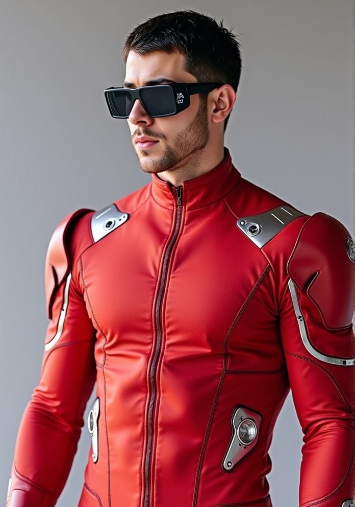 Nick Jonas ,  Hi-res photo. He wears futuristic electronic glasses. He is wearing a light red,  close fitting flight suit...