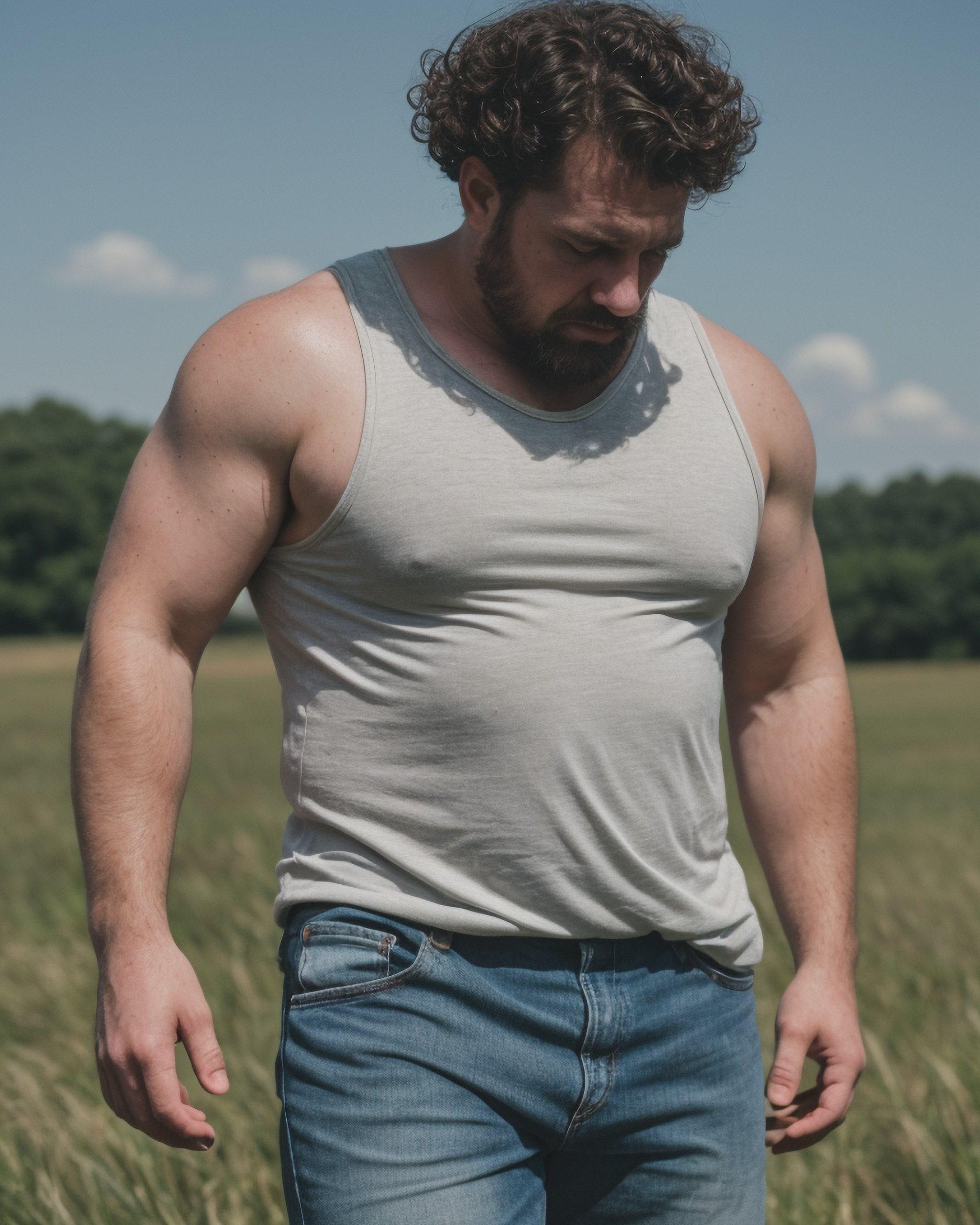 Close-up Cinematic photo of a man sweating after hard work, sweaty skin, worn dirty white tanktop, pull up shirt with hand, worn ripped denim minishort, wipe sweat forehead, short curly hair, mustache, musclegut, beefy body, in a grass field, fence behind,highly detailed, realistic, photo of a stunning man detailed, sharp focus, film grain, blurry background