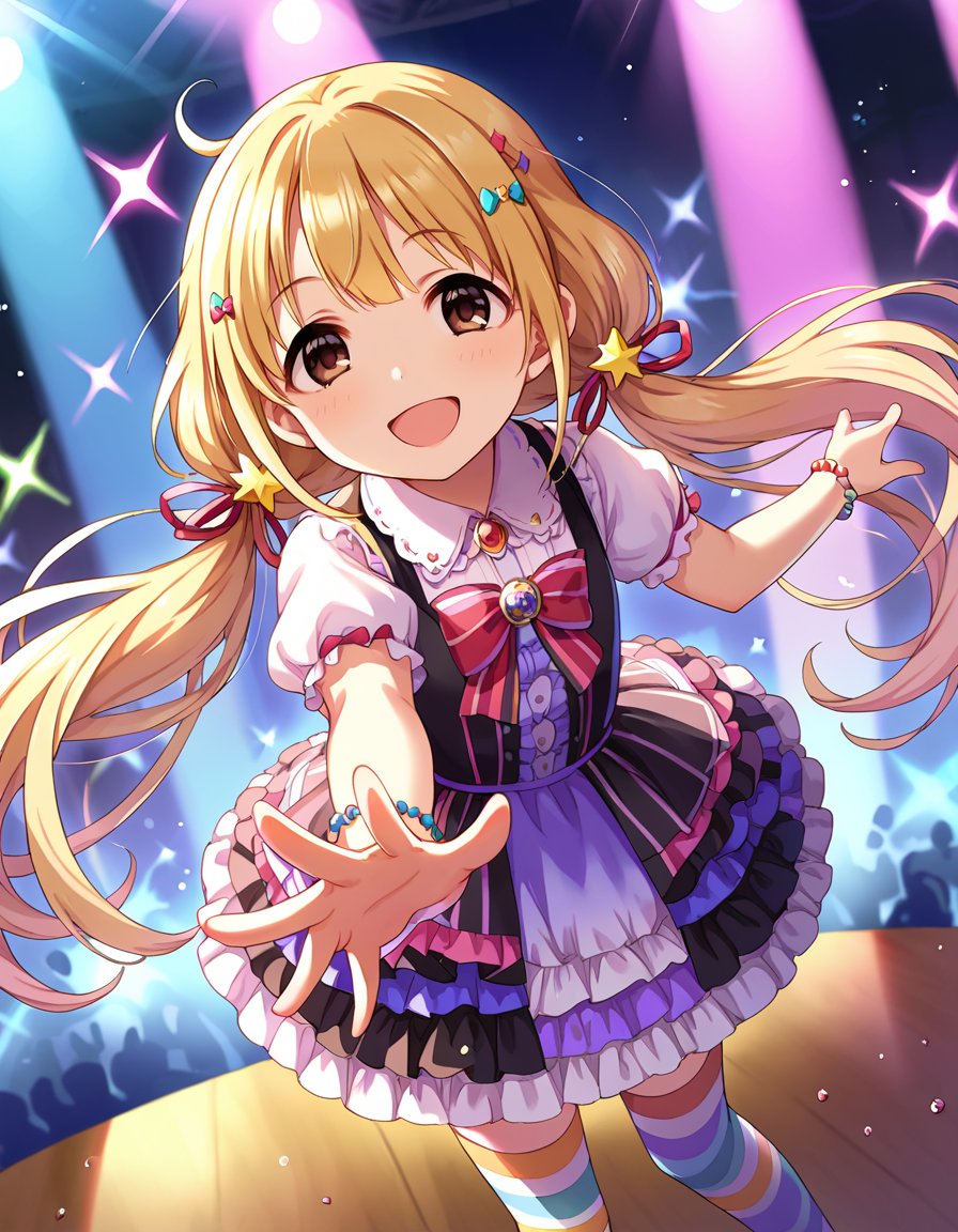 score_9, score_8_up, score_7_up, source_anime,1girl, solo, idol concert, dancing on stage, cheerful, smile, (grin:0.9), open mouth, :3, looking at viewer,  tricolor theme, stage lights, white pillar, neon, <lora:FutabaAnzu_pony_v1:0.9>ftbanz,short petite, very long hair, blonde hair, low twintails, hair ribbon ahoge, bangs, brown eyes, flat chest,multicolored clothes, frilled dress, collared dress, bow,  hair bow, star hair ornament, skirt, thighhighs, striped, multicolored stripes, multicolored legwear, jewelry, necklace, bracelet