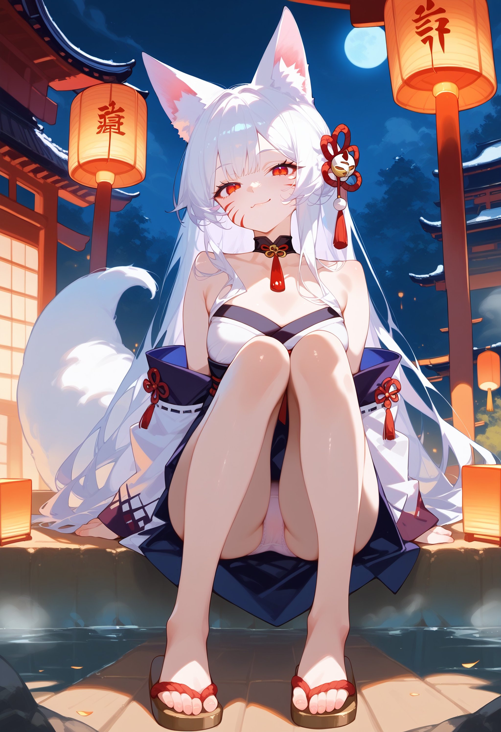 score_9,score_8_up,score_7_up,score_6_up, source_anime,1girl, shiro \(sewayaki kitsune no senko-san\), animal ear fluff, fox girl, fox ears, fox tail, eyelashes, white hair, long hair, red eyes, facial whisker markings, pale skin, choker gem, panties, tail censor, full body, smug,outdoors, dark night, hot springs, pagoda, lanterns, steam, water,masterpeice, best quality, very aesthetic, absurdres<lora:naip33:1>