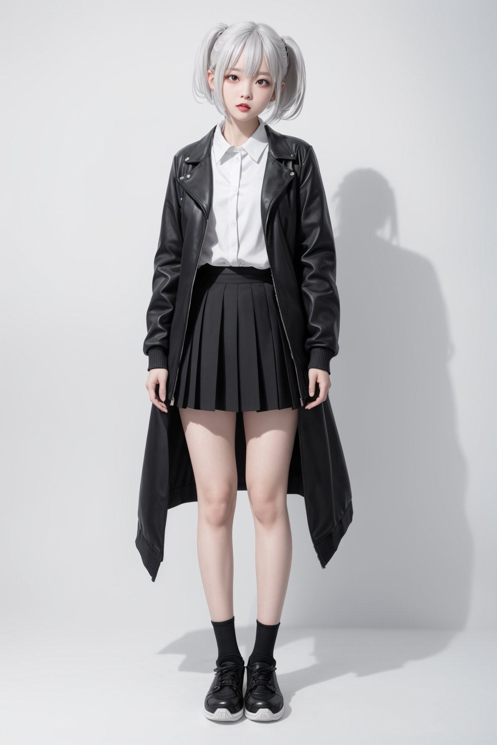 straight-on,white background,grey hair,1girl,looking at viewer,bangs,skirt,shirt,long sleeves,closed mouth,standing,jacket,full body,open clothes,shoes,teeth,socks,open jacket,two side up,black jacket,sleeves past wrists,nai3,backlight,