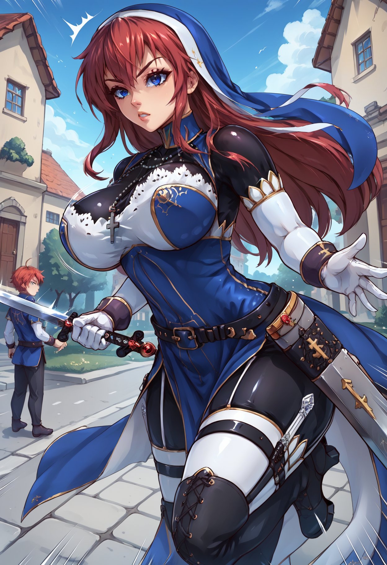 score_9, score_8_up, score_7_up, score_6_up, score_5_up, score_4_up, source_anime,  BREAK,full boy dynamic pose, holding a sword, speed lines,, 1girl,battleNun, cross necklace, habit, red hair, blue eyes, <lora:battleNunPony:1>, large breasts,  in a medieval street,