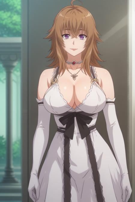 score_9, score_8_up, score_7_up, source_anime, solo, 1girl, looking at viewer, cowboy shot, <lora:HDxDHeroPdxlDwnsty-000004:1>,Venelana Gremory, purple eyes, brown hair, long hair, ahoge, white dress, detached sleeves, white gloves, white gloves, jewelry, necklace, cleavage, lips, pink lips, makeup, mature female, backless outfit, black ribbon,smile, large breasts, skindentation,school yard, outdoors, sunlight, tree,