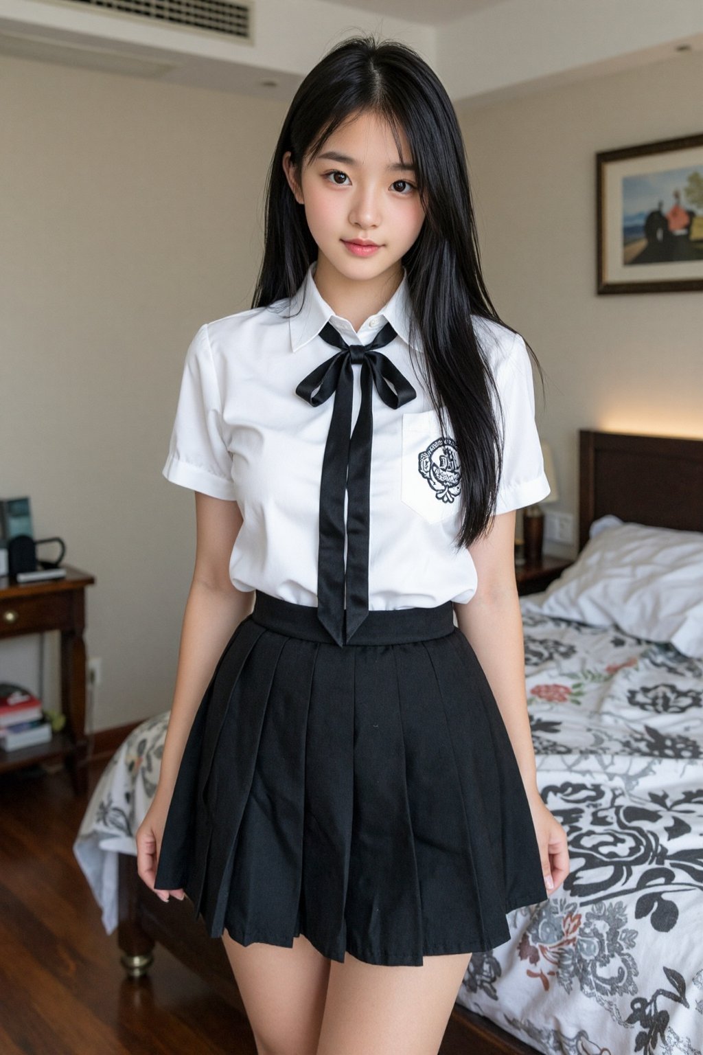 一位亚洲女孩身穿白色衬衫,  系着黑色丝带,  下身穿着黑色百褶裙 by 天TIN on Tensor.Art