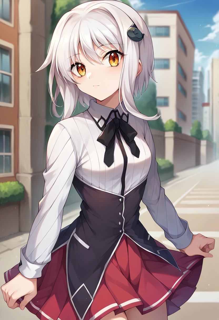 score_9, score_8_up, score_7_up, source_anime, masterpiece, 1girl, ctiank0nek0, dress shirt, pleated skirt, black ribbon, red skirt, half black uniform, long sleeves, outdoors, city, depth of field, looking at viewer,  <lora:Konekko_dxd_pony_ct:1>