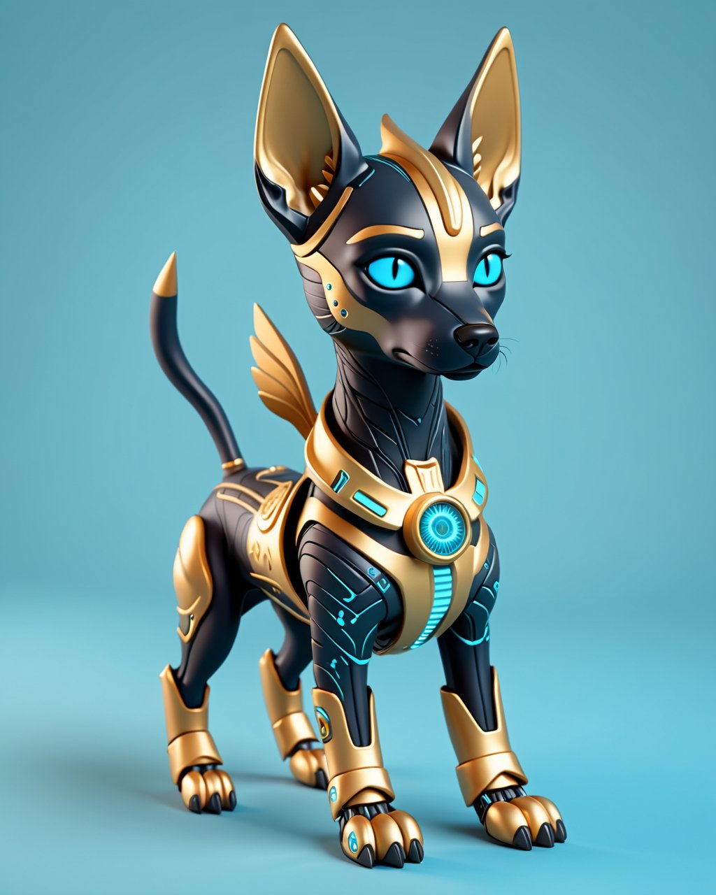 Very cute and friendly black & light blue mythical half Anubis and half dog with two prosthetic back legs, with a half cyborg body, big light golden iris, stylized fur, chibi, in the style of zbrush Message @Midjourney Bot