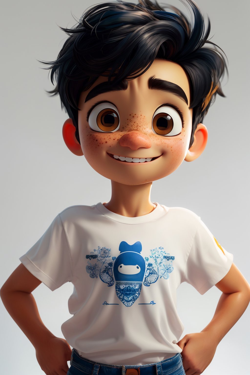 masterpiece,best quality,solo,looking at viewer,smile,simple background,shirt,black hair,1boy,brown eyes,white shirt,upper body,male focus,blue background,t-shirt,freckles,hands on hips,male child,