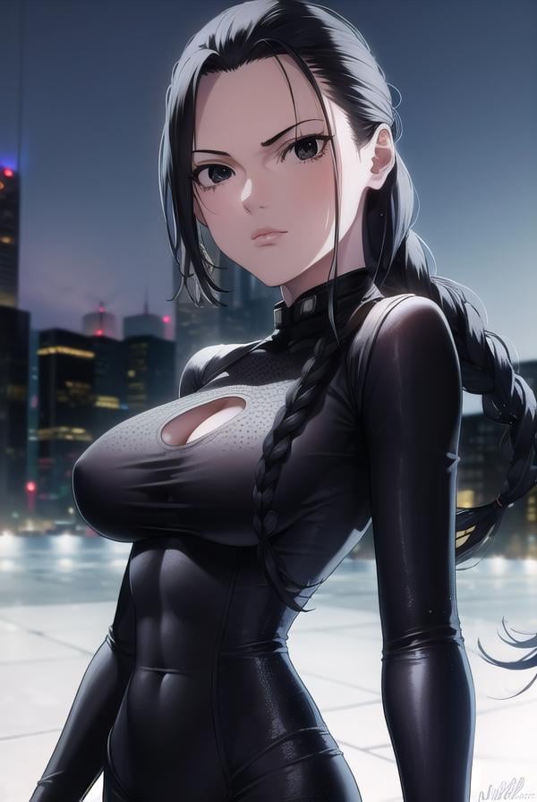 seisakuraoka, <lora:sei sakuraoka manga-lora-nochekaiser:1>,sei sakuraoka, braid, black hair, (black eyes:1.5), single braid,BREAK bodysuit, black bodysuitBREAK outdoors, city, night, sky, starry sky, moon,BREAK looking at viewer, (cowboy shot:1.5),BREAK <lyco:GoodHands-beta2:1>, (masterpiece:1.2), best quality, high resolution, unity 8k wallpaper, (illustration:0.8), (beautiful detailed eyes:1.6), extremely detailed face, perfect lighting, extremely detailed CG, (perfect hands, perfect anatomy),