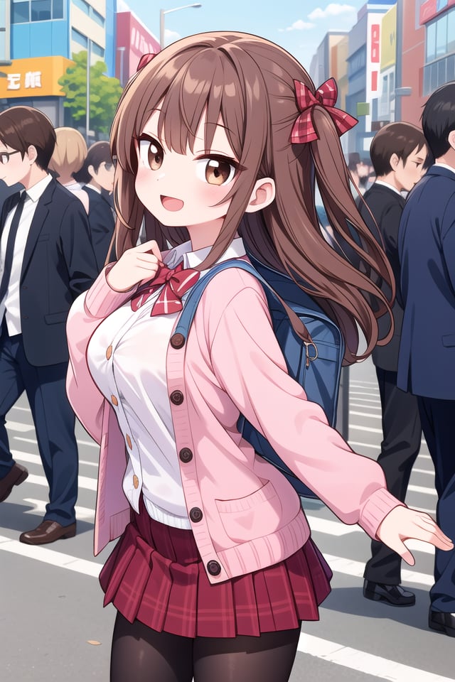 insanely detailed, absurdres, ultra-highres, ultra-detailed, best quality,1girl, solo, nice hands, perfect handsBREAK(School Uniforms:1.2), (pink cardigan is fit body:1.4), ((do up a buttons, not loose):1.5), ((long sleeve, sleeves past wrists):1.2), (inner wear is white collared-shirt:1.3), (red plaid-pattern bow:1.3), (red plaid-pattern pleated skirt:1.3), ((dark-brown pantyhose, loafers):1.2)BREAKhappy smile, laugh, open mouth, standing,from side,cute pose, cowboy shotBREAKslender, kawaii, perfect symmetrical face, ultra cute girl, ultra cute face, ultra detailed eyes, ultra detailed hair, ultra cute, ultra beautifulBREAKin harajuku, shibuya, tokyo, street, crowd, cityscapeBREAKmedium large breasts,(brown hair, brown eyes), hime cut