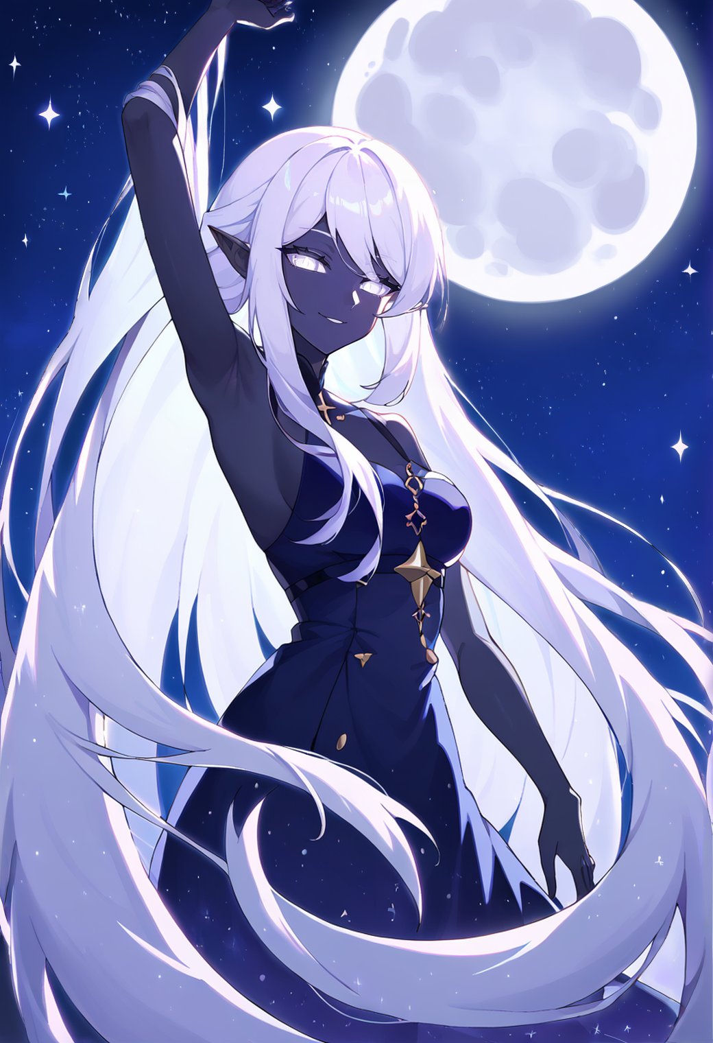 1girl, solo, black skin, drow pointy ears, night, moonlight, backlighting, light smile, looking at viewer, very long hair, white hair, star \(sky\), full moon, arm up, starry sky, white eyes, armpits, night sky,<lora:absurdres_quality:1> masterpeice, best quality, very aesthetic, absurdres