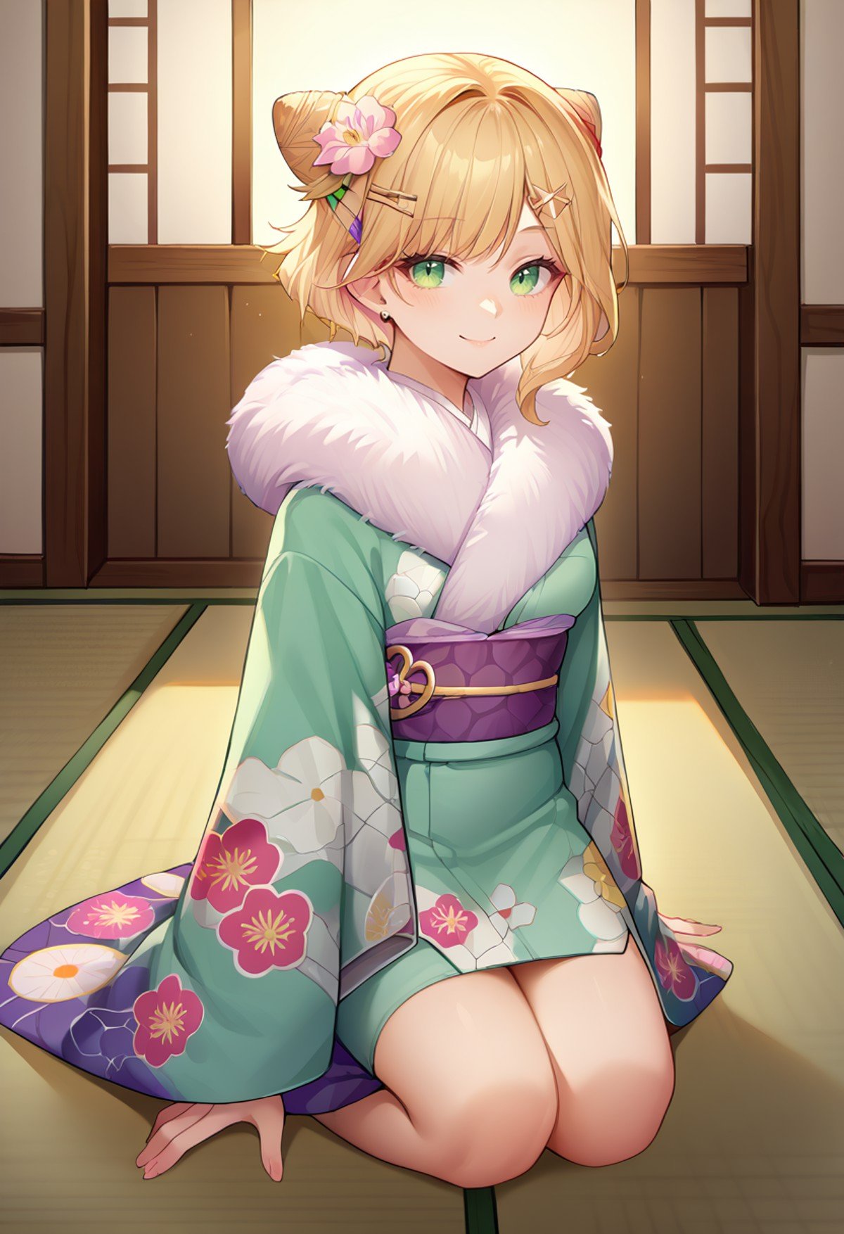 score_9, score_8_up, source_anime, 1girl, solo, NoahNewYears, short hair, cone hair bun, hairclip, hair flower, fur scarf, green kimono, floral print, purple sash, indoors, kneeling, on floor, smile, <lora:ChamKurumiNoahPonyXL:1>