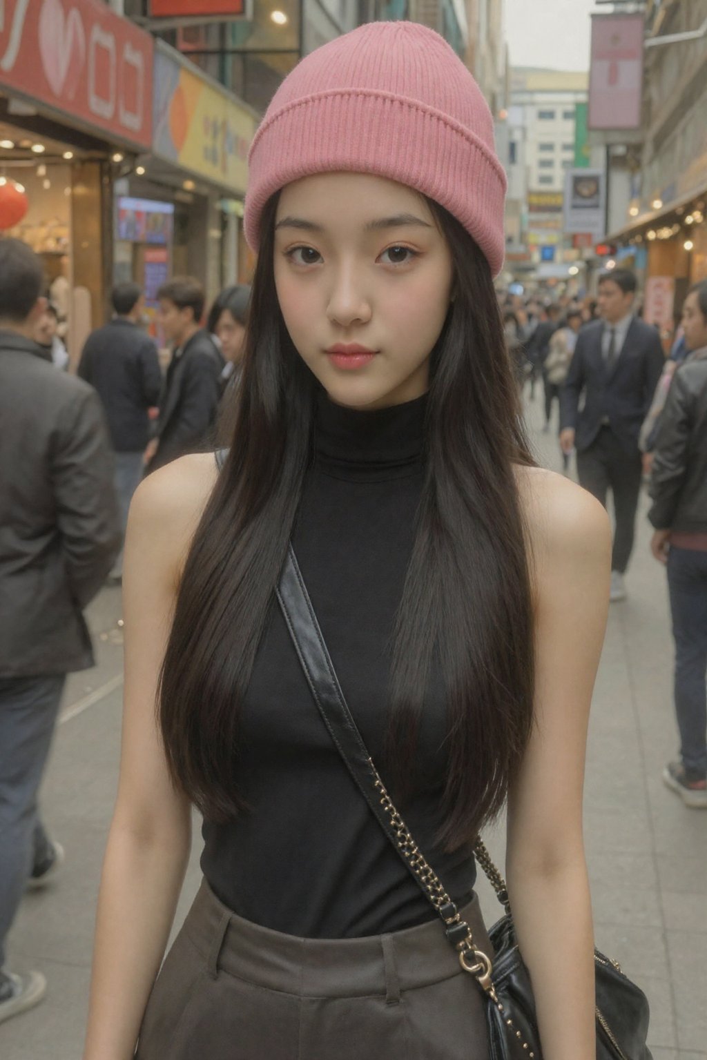 This photograph captures a young East Asian woman with fair skin and long straight black hair,  large breasts. She wears a...