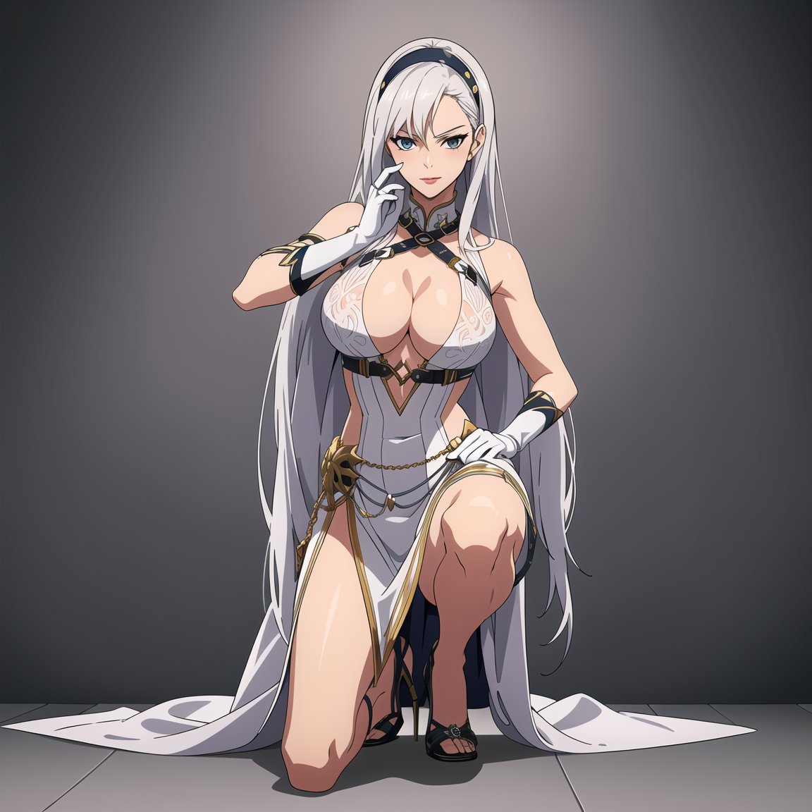 ((best quality)),(real),(masterpiece),absurdres,realistic,1girl,goddess,very long hair,silver hair,white hairband,large breasts,cleavage,high heels,virgin killer outfit,