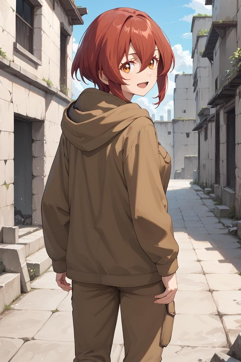 score_9, score_8_up, score_7_up, score_6_up, score_ANIME,  1girl,  ,  kurenakukumila, 1girl, solo, red hair, short hair, looking at viewer,, brown hooded jacket,, brown eyelashes, orange eyes, sidelocks, standing, brown pants,  hair between eyes,  <lora:kurenakukumila_pony3:1>, cowboy shot, medium breasts,  smile,  open mouth,  from behind,  running,  looking back,  ruins,  city, 