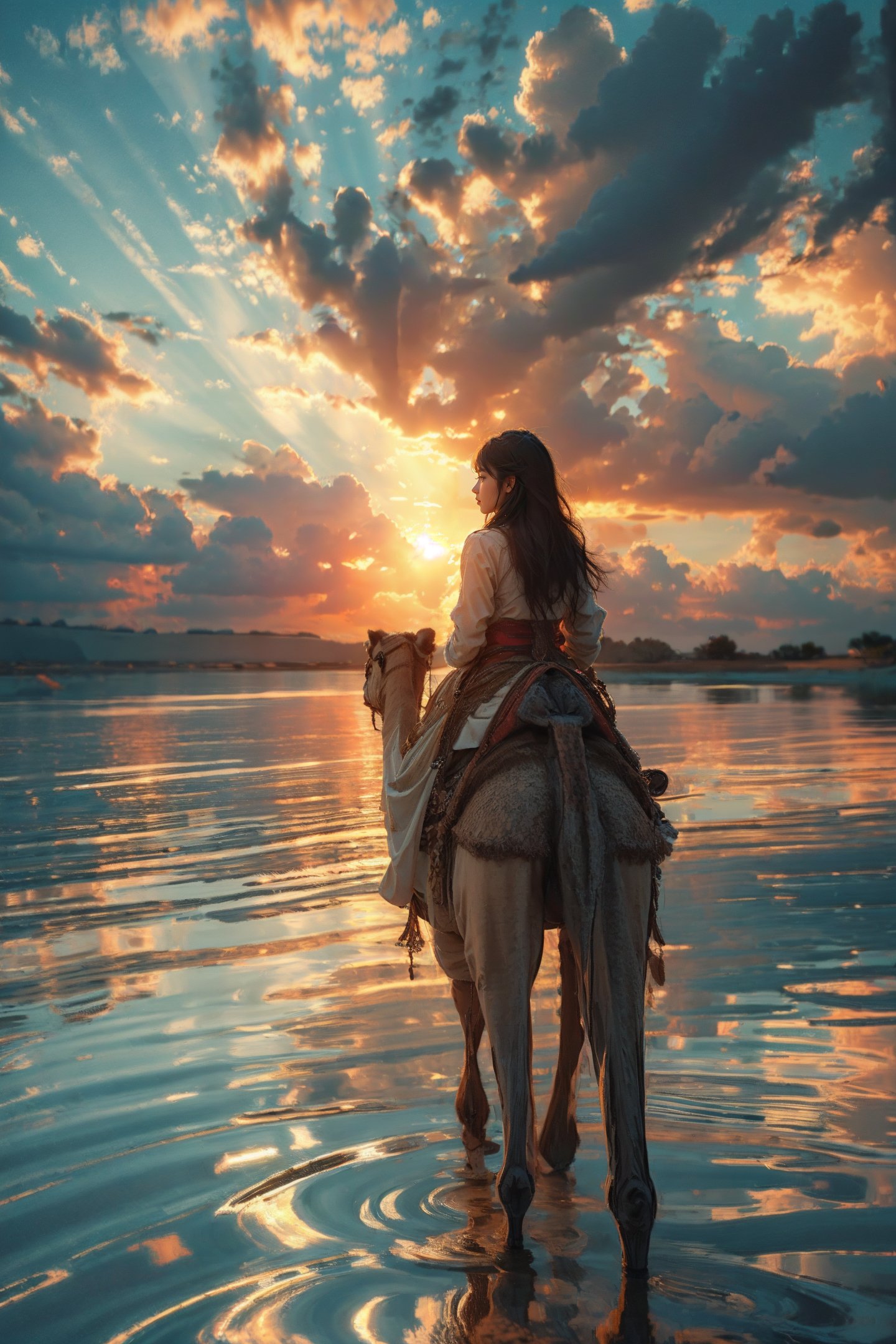 xuer riding camel,sky,scenery,cloud,sunset,reflection,outdoors,solo,water,standing,cloudy sky,1girl,horizon,from behind,long hair,star \(sky\),