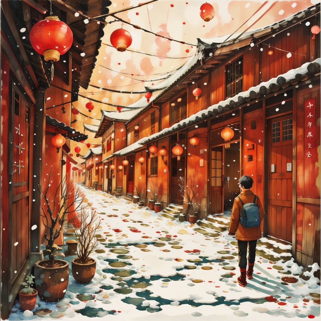 lantern,snow,solo,paper lantern,outdoors,black hair,scenery,plant,pants,potted plant,snowing,tree,wide shot,1boy,winter,traditional media,standing,from behind,jacket,short hair,building,male focus,coat,architecture,long sleeves,east asian architecture,red footwear,walking,bare tree,black pants,<lora:xinchunchahua-000010:0.7>,, masterpiece,best quality,highres,8k uhd,