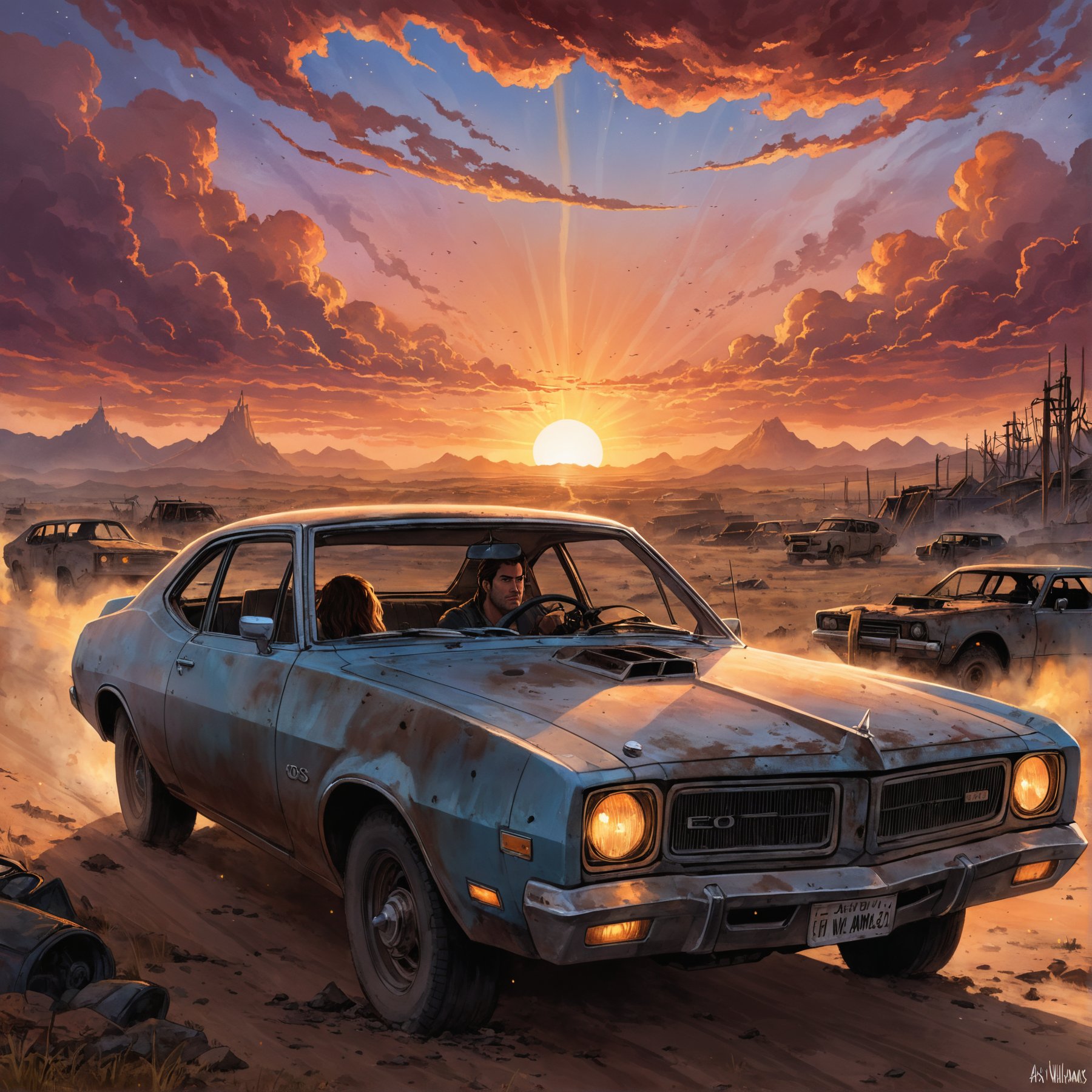 ethereal fantasy concept art of comic post-apocalyptic sunset at the end of the world of the new dawn, burned out car (,(Ash Williams)) driving it, in the front aquarelle drawing . graphic illustration, comic art, graphic novel art, vibrant, highly detailed . magnificent, celestial, ethereal, painterly, epic, majestic, magical, fantasy art, cover art, dreamy, high quality photography, 3 point lighting, flash with softbox, 4k, Canon EOS R3, hdr, smooth, sharp focus, high resolution, award winning photo, 80mm, f2.8, bokeh