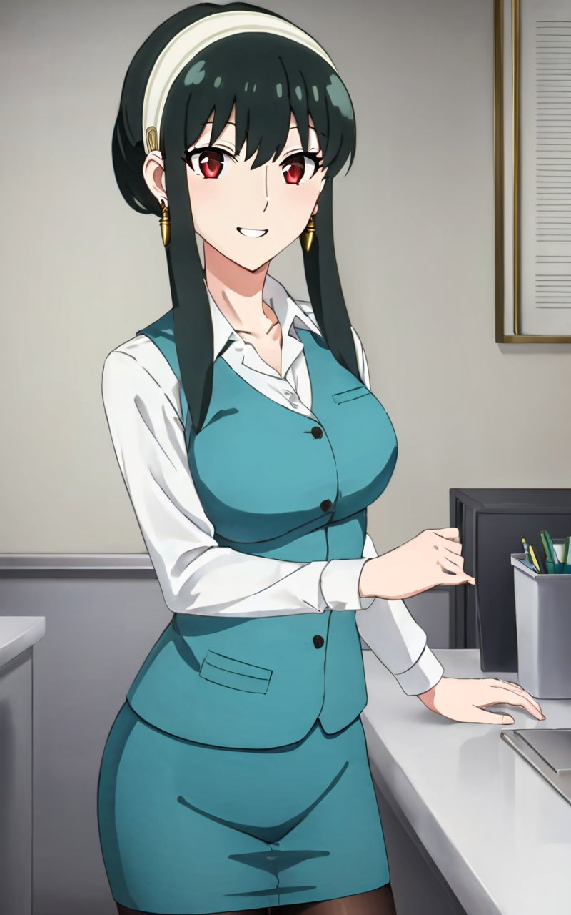 1girl, <lora:sdxl-sf-yor_briar:0.9>, yor briar, jimufuku, updo (folded ponytail hair pulled back), (Folded tied hair), white open-collared shirt, turquoise vest, turquoise Pencil Skirt, office, office , black pantyhose, white hairband , black hair sideburns, (slanted eyes) red eyes, medium breasts, shiny hair, bangs, gold earrings, long locks, hair between eyes, skindentation smile :> 