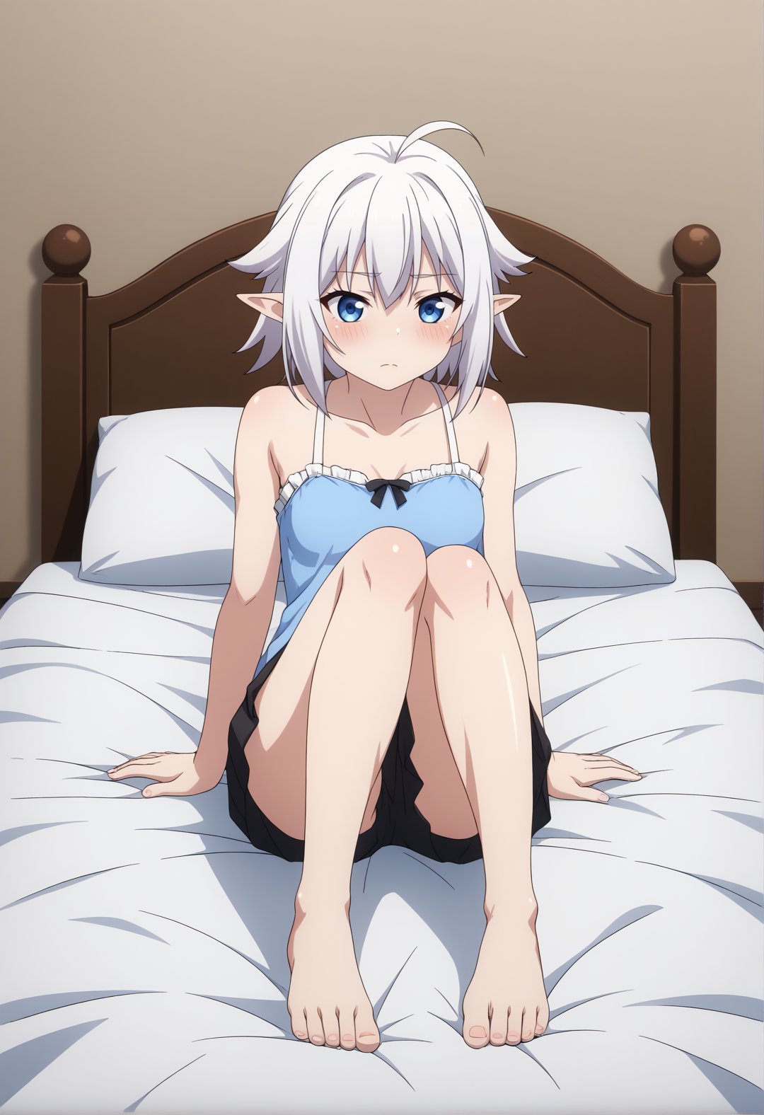 score_7_up, BREAK source_anime, 1girl, solo, blush, short hair, blue eyes , white hair, pointy ears, hair flaps, clothed, small breasts, sitting, barefoot, feet, full body, indoors, on bed