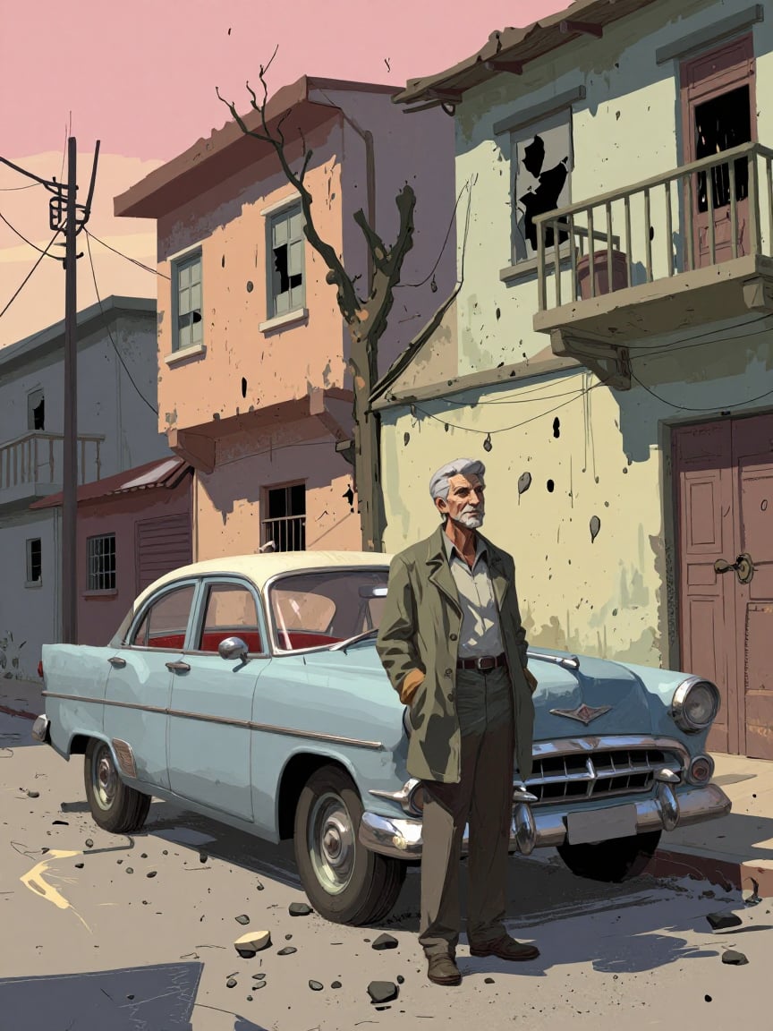 Bradhamel art style. In this evocative cinematic frame,  an elderly man with silver hair stands poised beside a gleaming v...