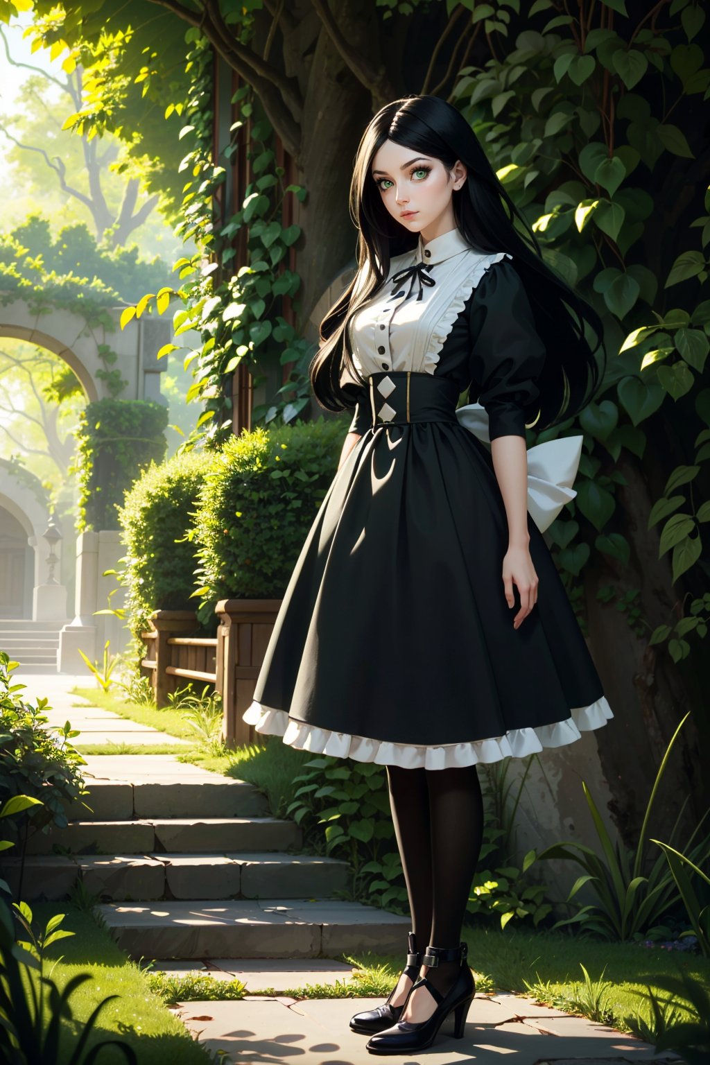 ((ultra detailed, masterpiece, best quality))<lora:AliceMadness:0.8>AliceMadness, 1girl, solo, long hair, black hair, green eyes, full body, garden maze, midday, dappled sunlight peeking through leafy green walls