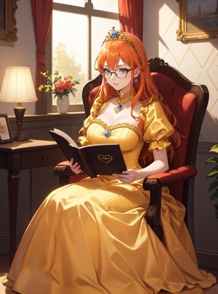 8k, masterpiece, highly detailed, high quality,1girl wearing a golden (princess dress), <lora:princess_dress-SD-2.0:1>,orange hair Side Swept,reading, large chair, glasses, tiara, thoughtful