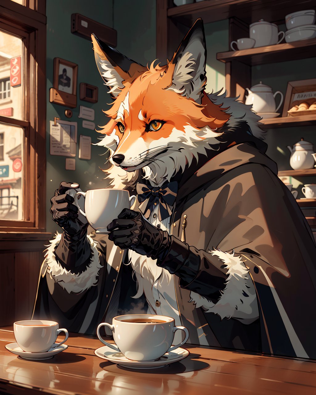 best quality,masterpiece,highly detailed,ultra-detailed, fox  shiry, cloak,off hood,  at cafe afernoon tea,mug,fur gloves,food,bowtie, fur trim,  <lora:neg9V2_last:0.5>   <lora:furrytale:1>  furry