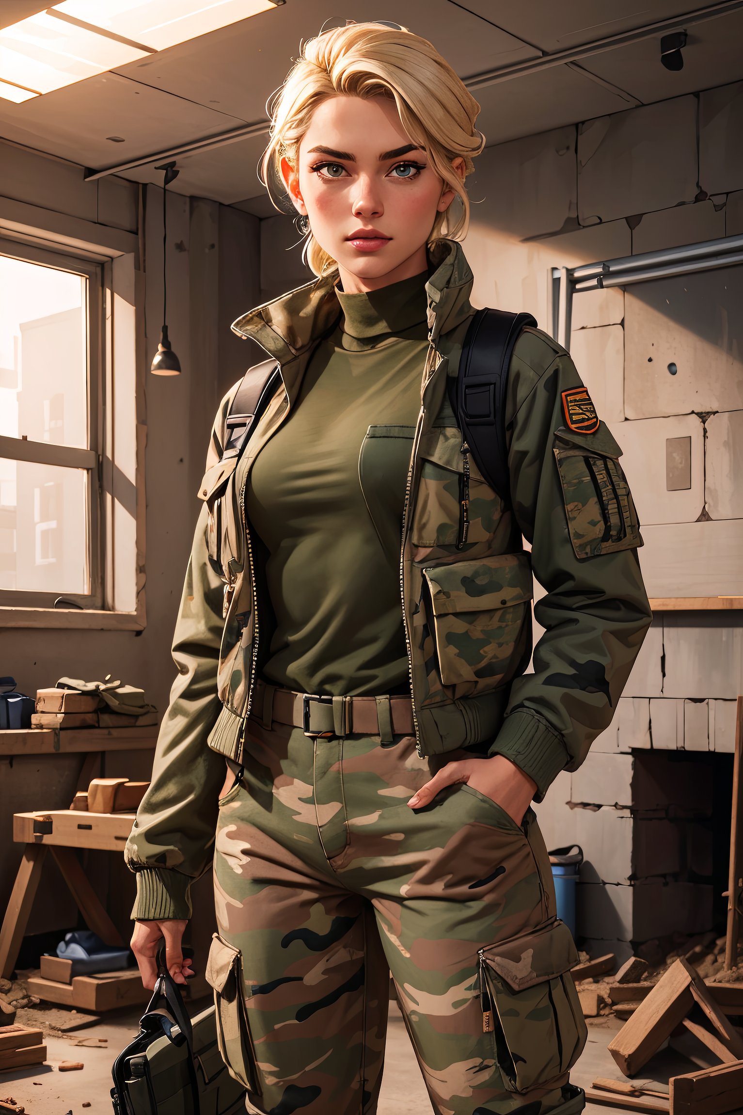 highres, masterpiece, perfect lighting, bloom, cinematic lighting, adult, female, looking at viewer, upper body, 1girl, blonde, camo pants, jacket, military jacket, hands inside pockets, in front of the viewer, bulletproof vest, magazine bags, modern construction site