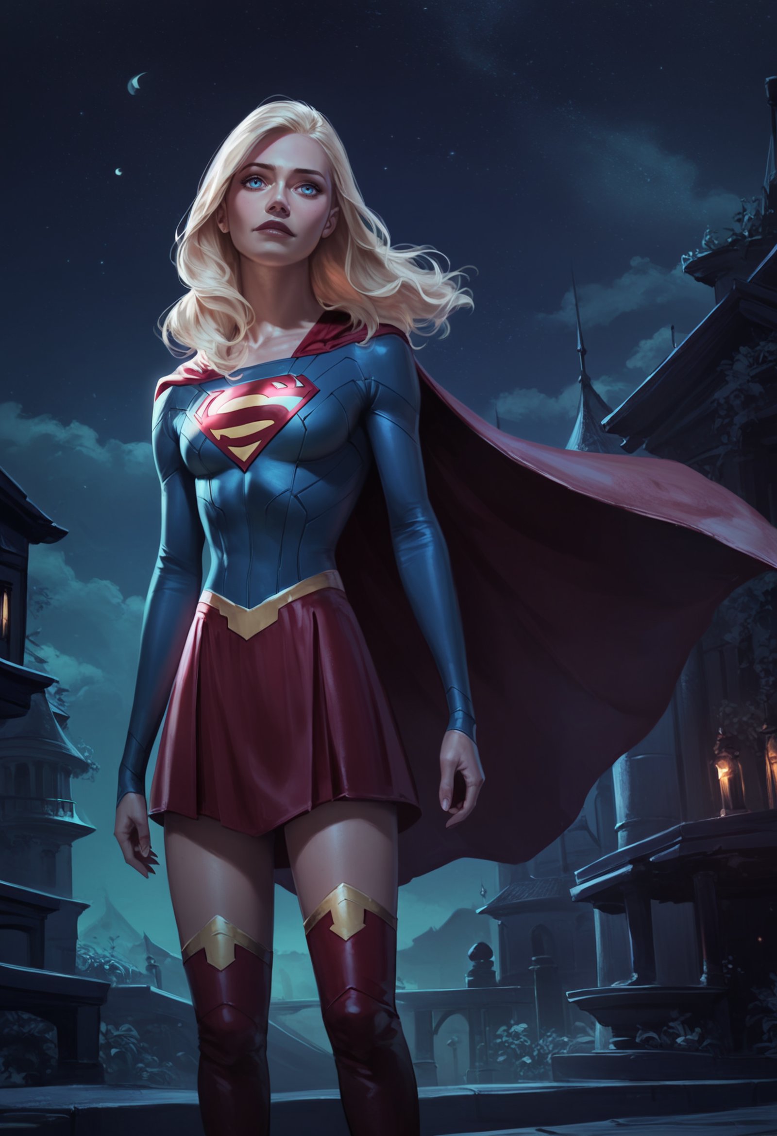 score_9, score_8_up, score_7_up, rating_safe, concept art, digital art, realistic,1girl, losspgirl, blonde hair, long hair, blue eyes,bodysuit, long sleeves, red cape, red skirt, red high heels thigh boots,standing, outdoors, night, night sky, dark background <lora:Concept Art Ultimatum Style LoRA_Pony XL v6:1>  <lora:SuperGirlDCXL:1>