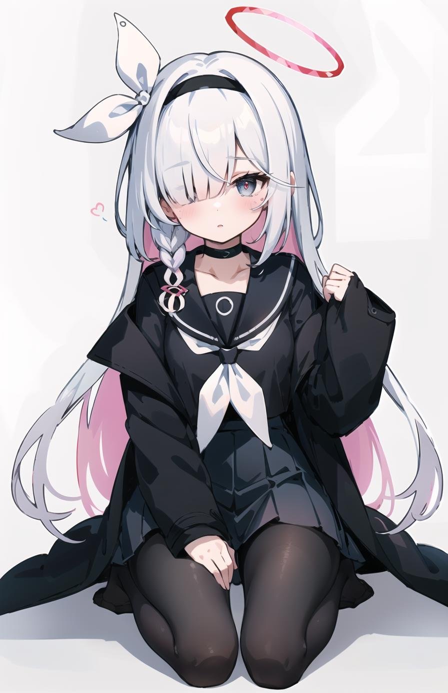 ((masterpiece,best quality)),1girl,solo,arona \(blue archive\),hair over one eye,hairband, halo, black choker, choker, school uniform, braid, long hair, serafuku, white hair, sailor collar, pleated skirt,bangs, ribbon, long sleeves, neckerchief, collarbone,black hairband, white neckerchief,black skirt, hair ribbon, jacket, single braid, bow,pantyhose, black pantyhose,no shoes,parted lips, blush,<lora:plana:1>,,