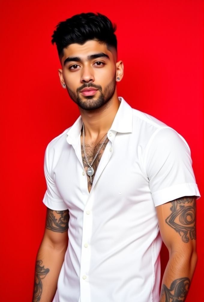 Zayn Malik ,  The image is a high-resolution photograph,  standing against a solid red background. wavy hair styled to the...