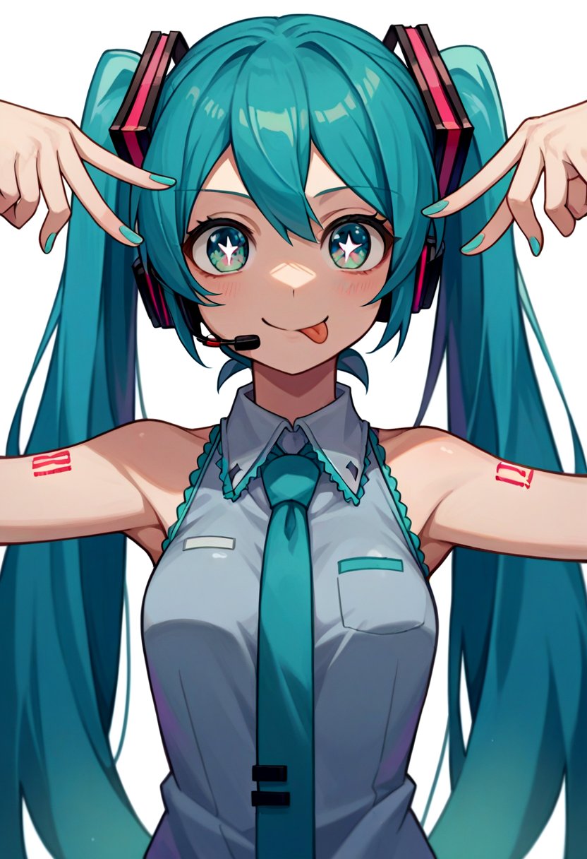 score_9, score_8_up, score_7_up, source_anime, 1girl, hatsune miku, vocaloid, aihoshinopose, smile, looking at viewer, double v, tongue out, twintails, headset, symbol-shaped pupils, sleeveless shirt, necktie <lora:pose_aihoshinopose_ponyXL:1>