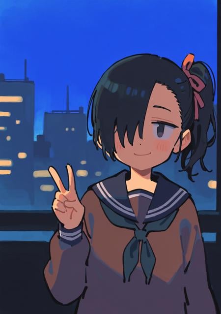 score_9, score_7_up, score_6_up BREAK 1girl, solo, brown serafuku, black hair, black eyes, hair over one eye, side ponytail, smirk, peace sign, upper body, small breasts, cityscape, night, hair ribbon<lora:mujiaug23-step00000165:1> 