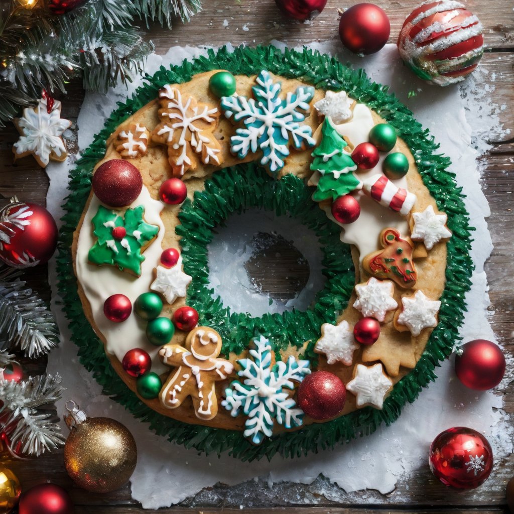 poakl christmas style,(masterpiece, best quality:1.2), sugarcookiestyle, wreath, tinsel, frosting, no humans, food, bagel,<lora:poaklSDXLchristmas-000008:0.6>,