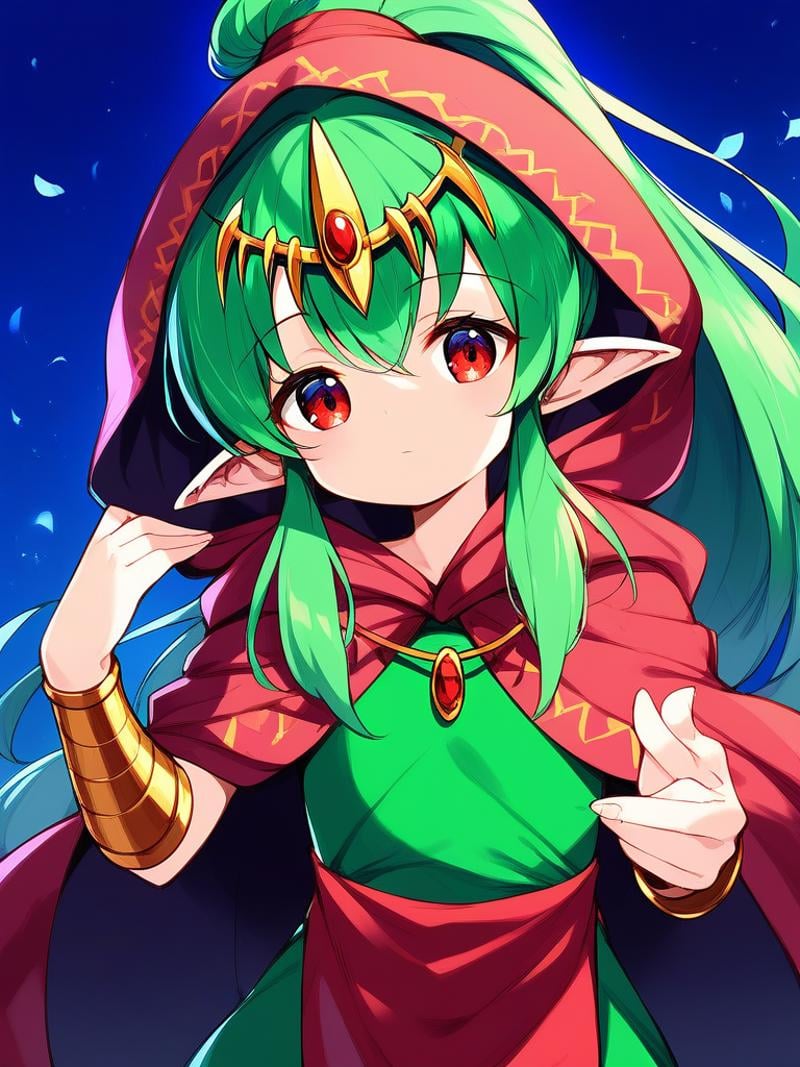 score_9, score_8_up, score_7_up, source_anime, rating_explicit, BREAK  <lora:Tiki_FE_XL:1>  Tiki, pointy ears, long hair, green hair, ponytail, tiara,  flat chest, hair ribbon, very long hair, short stack,, red eyes, stone, solo, hood, hood up, jewelry, simple background, closed mouth, cloak, gem, upper body, dress, hair ornament, hooded cloak, bracellooking at viewer, night, 