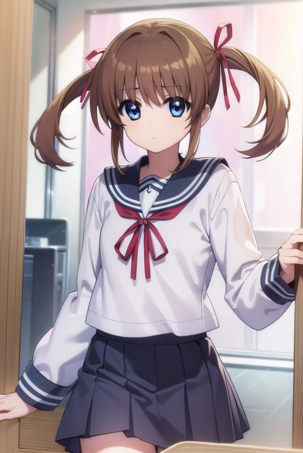 nanohatakamachi, <lora:nanoha takamachi movie2-lora-nochekaiser:1>,nanoha takamachi, takamachi nanoha, brown hair, twintails, blue eyes,BREAK long sleeves, ribbon, school uniform, serafuku, long sleeves, red ribbon, white sailor collar,BREAK indoors, classroom,BREAK looking at viewer, (cowboy shot:1.5),BREAK <lyco:GoodHands-beta2:1>, (masterpiece:1.2), best quality, high resolution, unity 8k wallpaper, (illustration:0.8), (beautiful detailed eyes:1.6), extremely detailed face, perfect lighting, extremely detailed CG, (perfect hands, perfect anatomy),